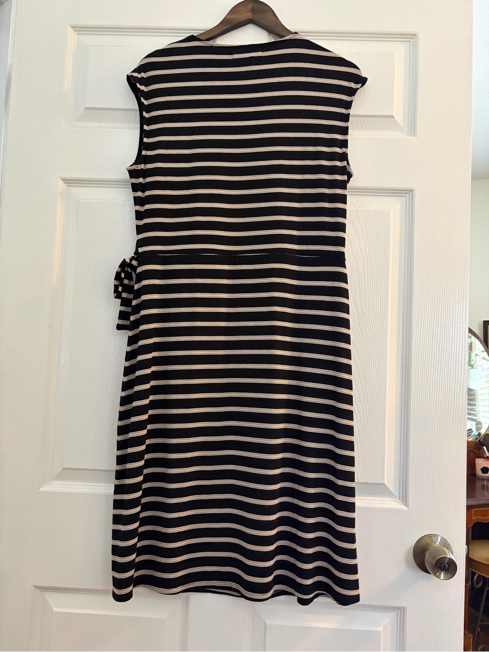 WHBM Sleeveless Black and Cream Striped Wrap Dress - Picture 3 of 3